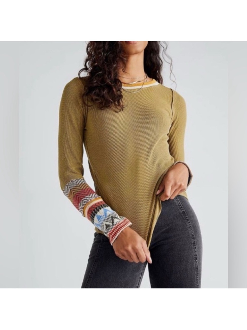 Free People We The Free 'Alpine Cuff' Waffle knit thermal Top Tee Large